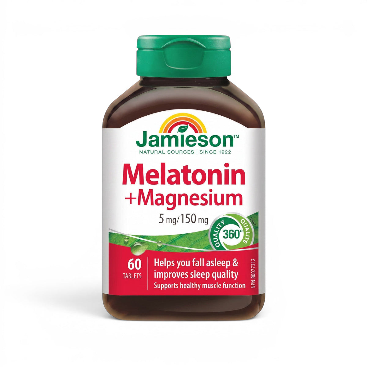 LYX Jamieson Melatonin and Magnesium sleep supplement tablets in a brown bottle with a green cap.