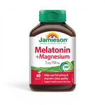 LYX Jamieson Melatonin and Magnesium sleep supplement tablets in a brown bottle with a green cap.