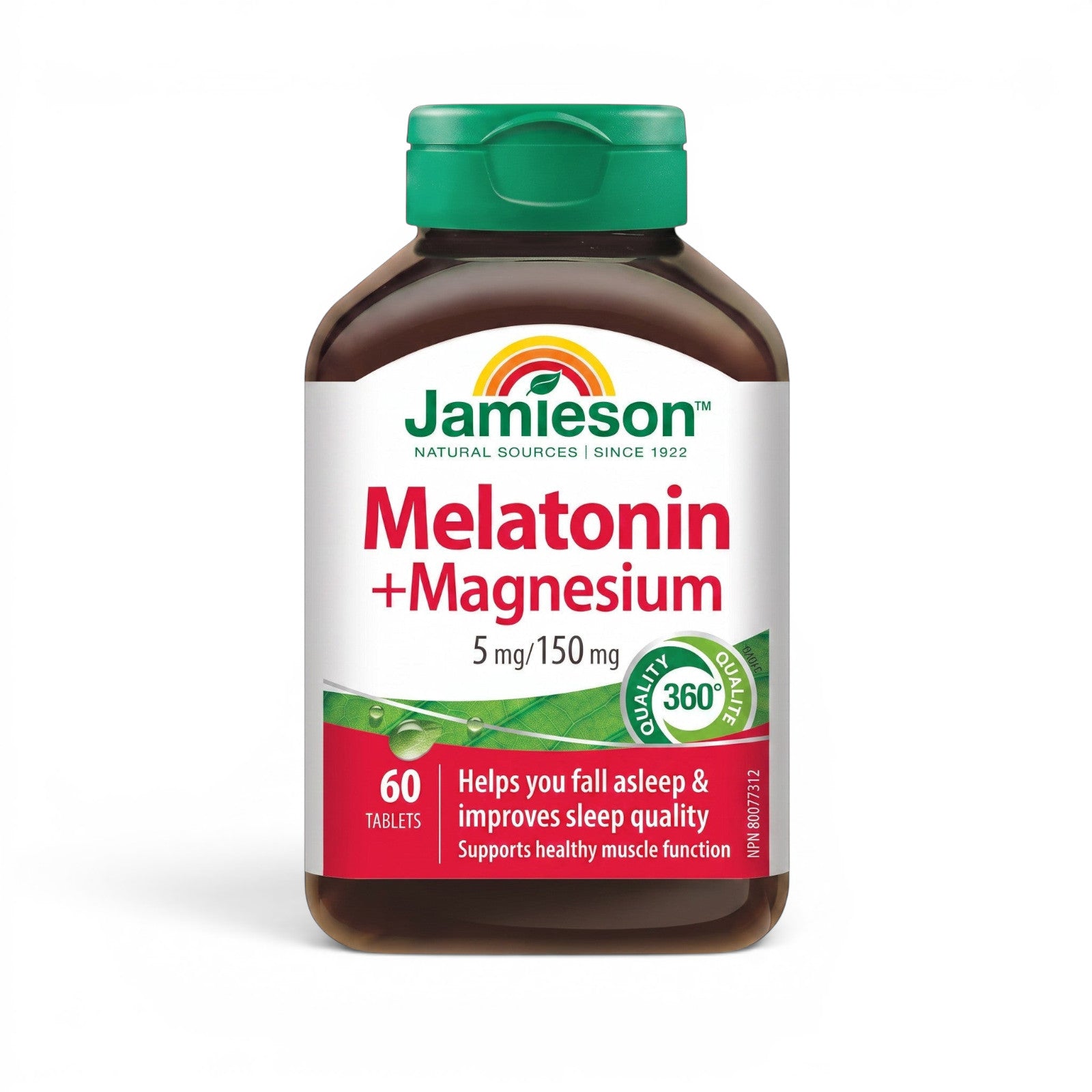 LYX Jamieson Melatonin and Magnesium sleep supplement tablets in a brown bottle with a green cap.