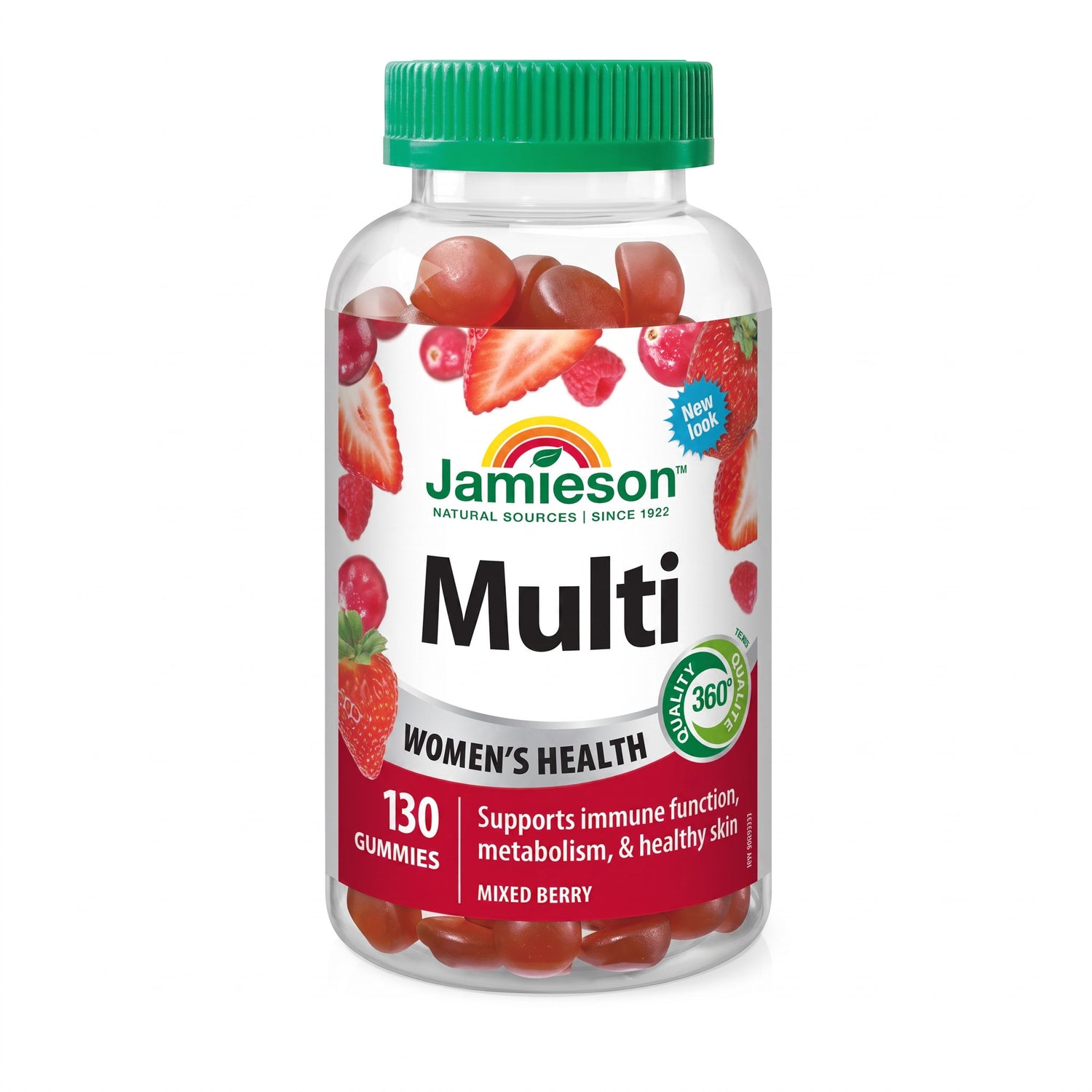 LYX Jamieson Multiwomen mixed berry multivitamin gummies in a clear plastic bottle with a green cap