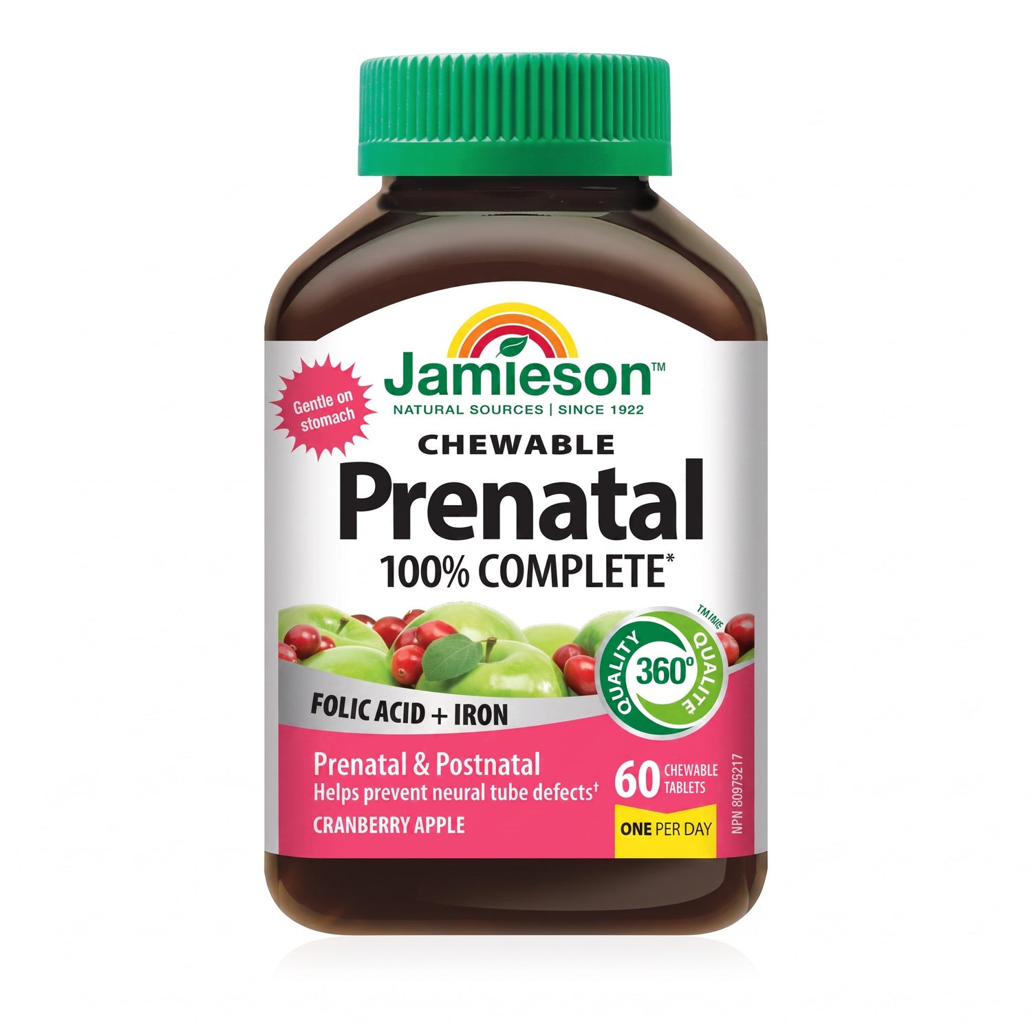 LYX Jamieson Prenatal Chewable tablets in a brown bottle with a green cap, cranberry apple flavor, 60 count.