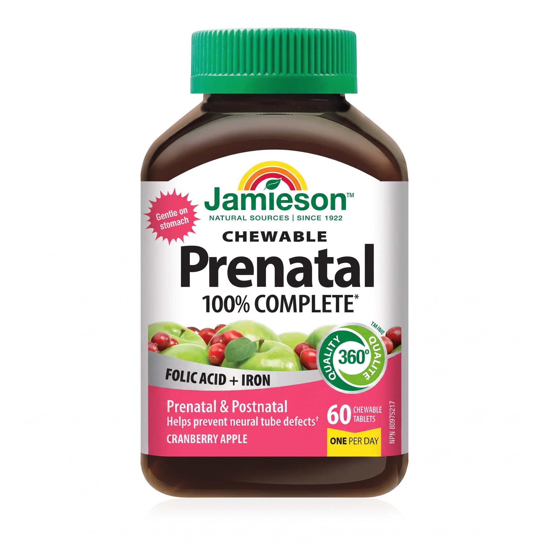LYX Jamieson Prenatal Chewable tablets in a brown bottle with a green cap, cranberry apple flavor, 60 count.