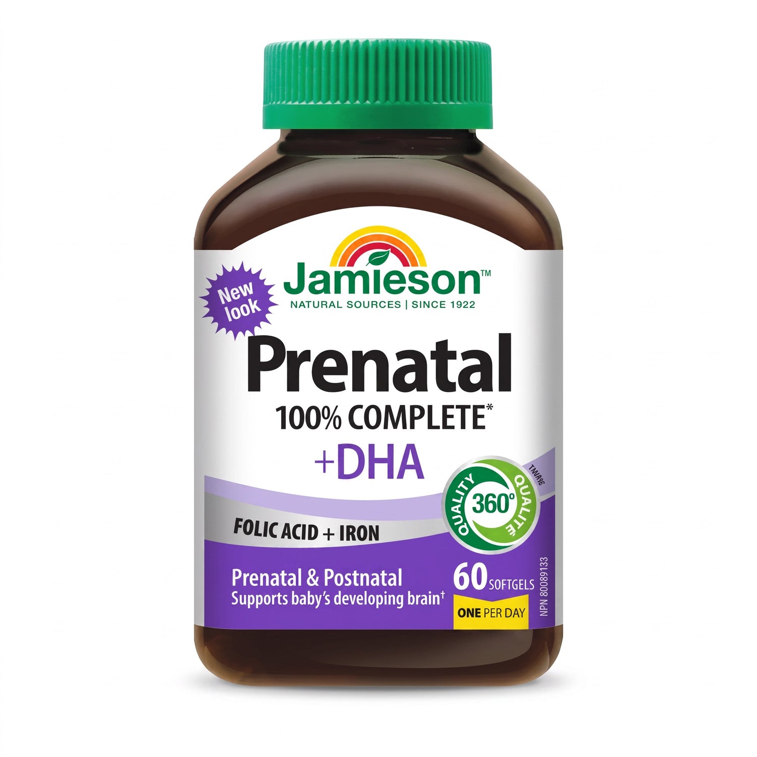 LYX Jamieson Prenatal 100% complete plus DHA softgels bottle with green cap and purple label