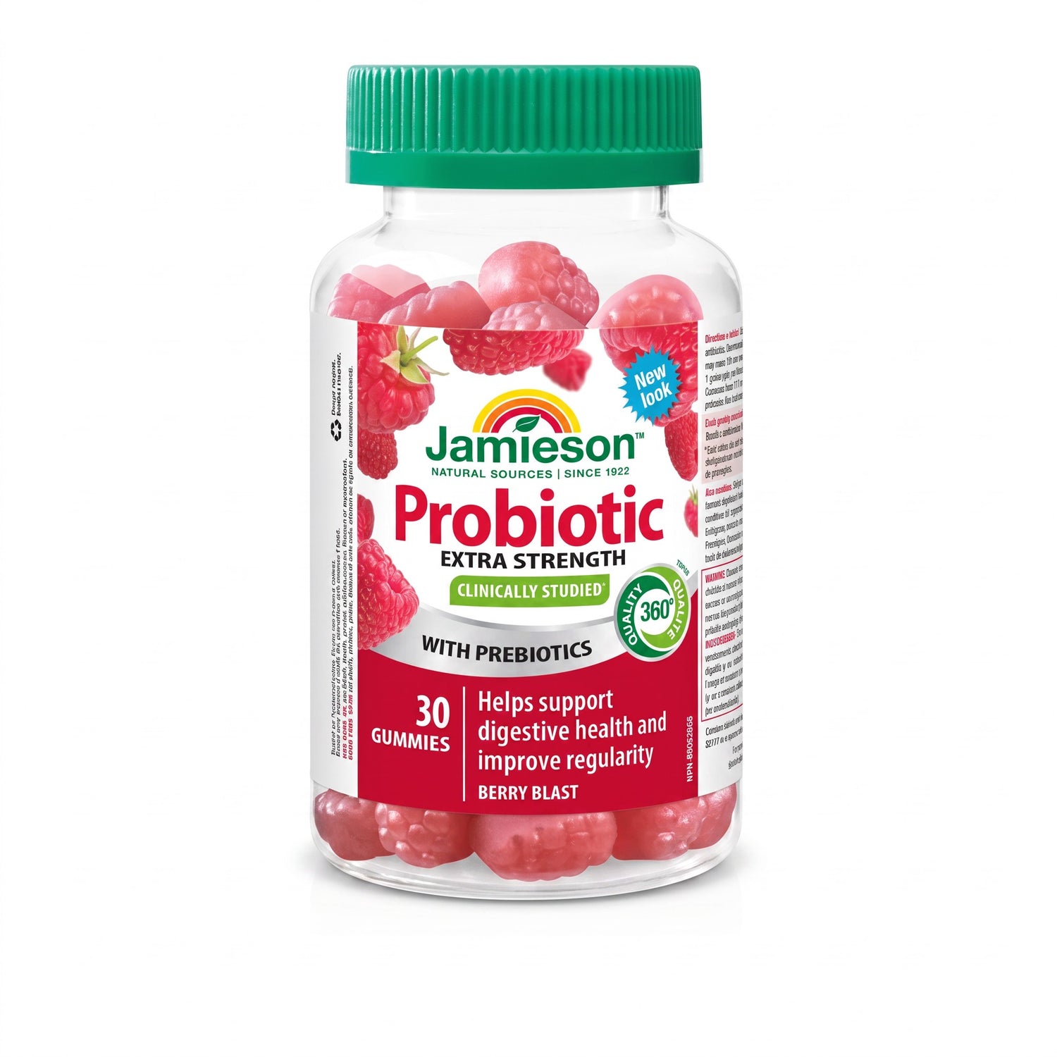 LYX Jamieson Extra Strength Probiotic Gummies in a clear bottle with a green cap, featuring berry blast flavour.