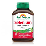 LYX Jamieson Selenium Extra Strength 100mcg tablets in a brown bottle with a green cap for immune and thyroid support.