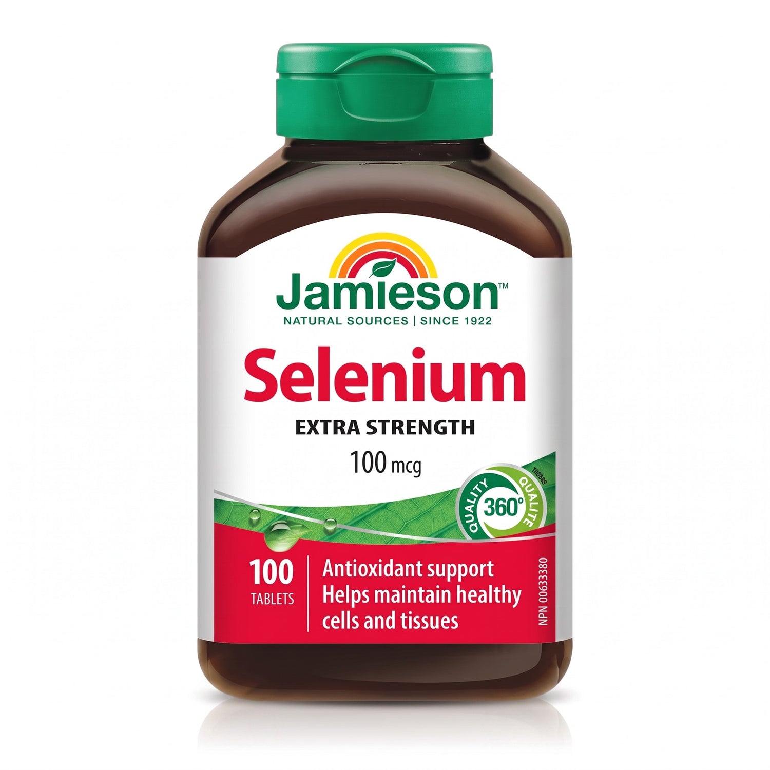 LYX Jamieson Selenium Extra Strength 100mcg tablets in a brown bottle with a green cap for immune and thyroid support.