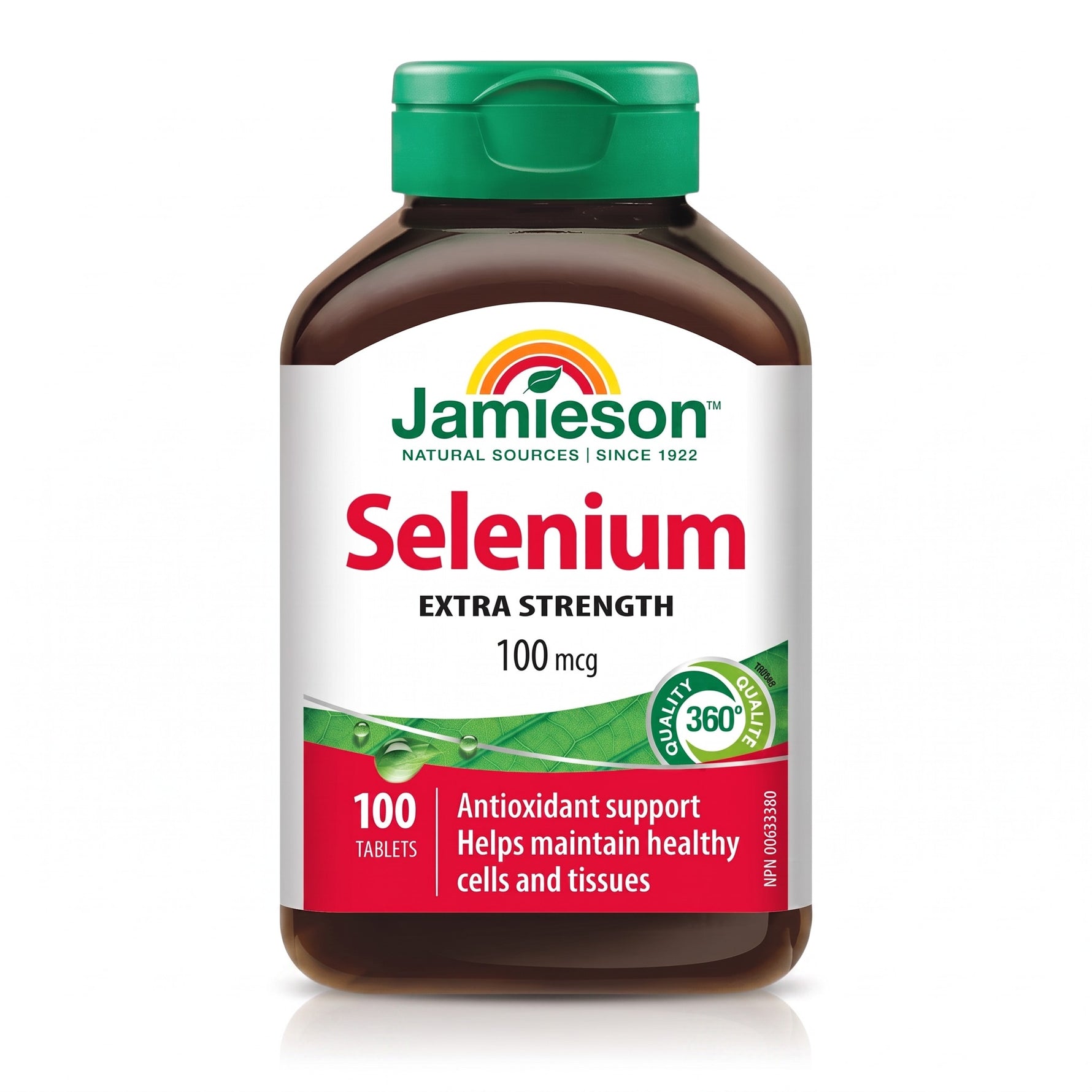 LYX Jamieson Selenium Extra Strength 100mcg tablets in a brown bottle with a green cap for immune and thyroid support.