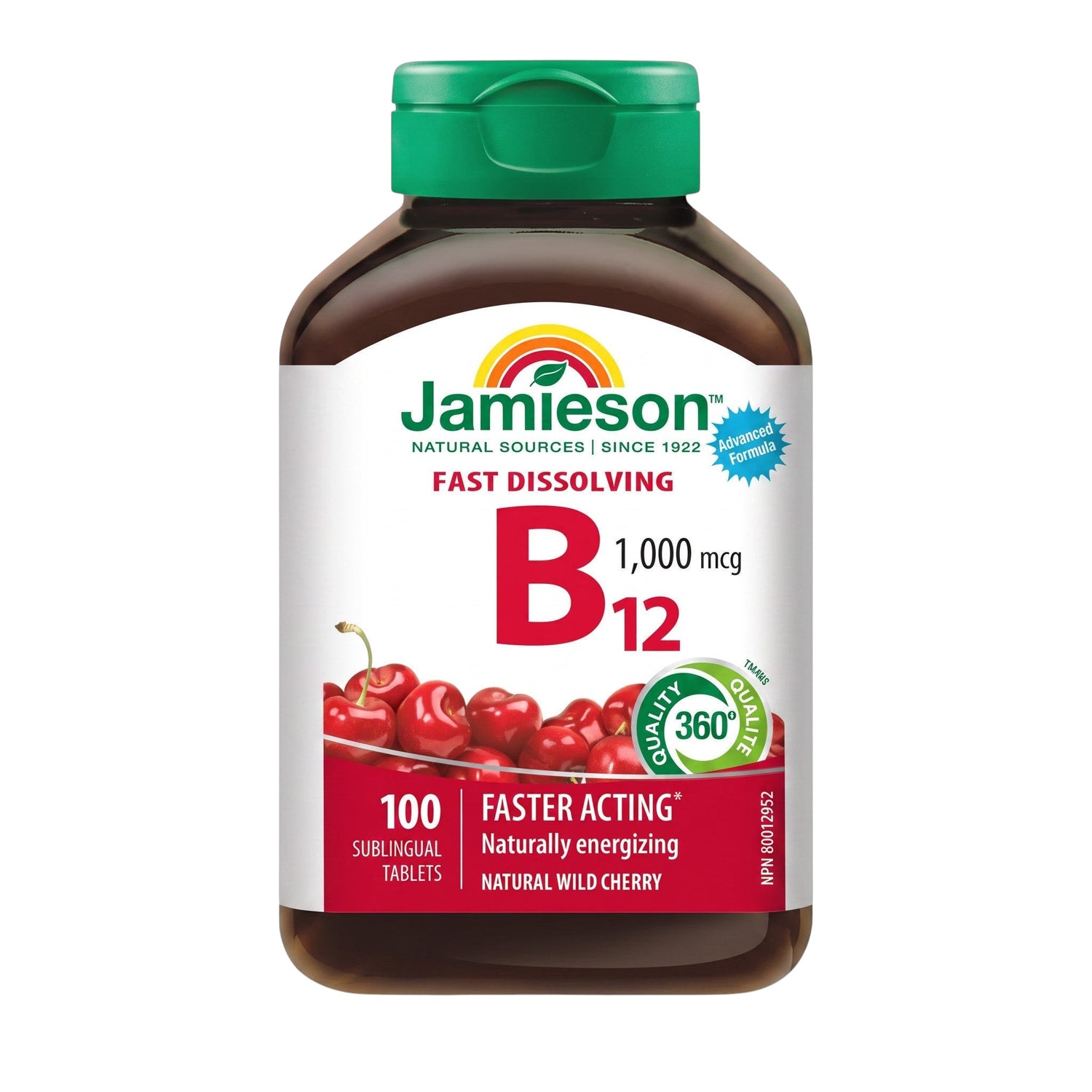 LYX Jamieson Vitamin B12 1000mcg fast-dissolving sublingual strips in a bottle with wild cherry flavouring.