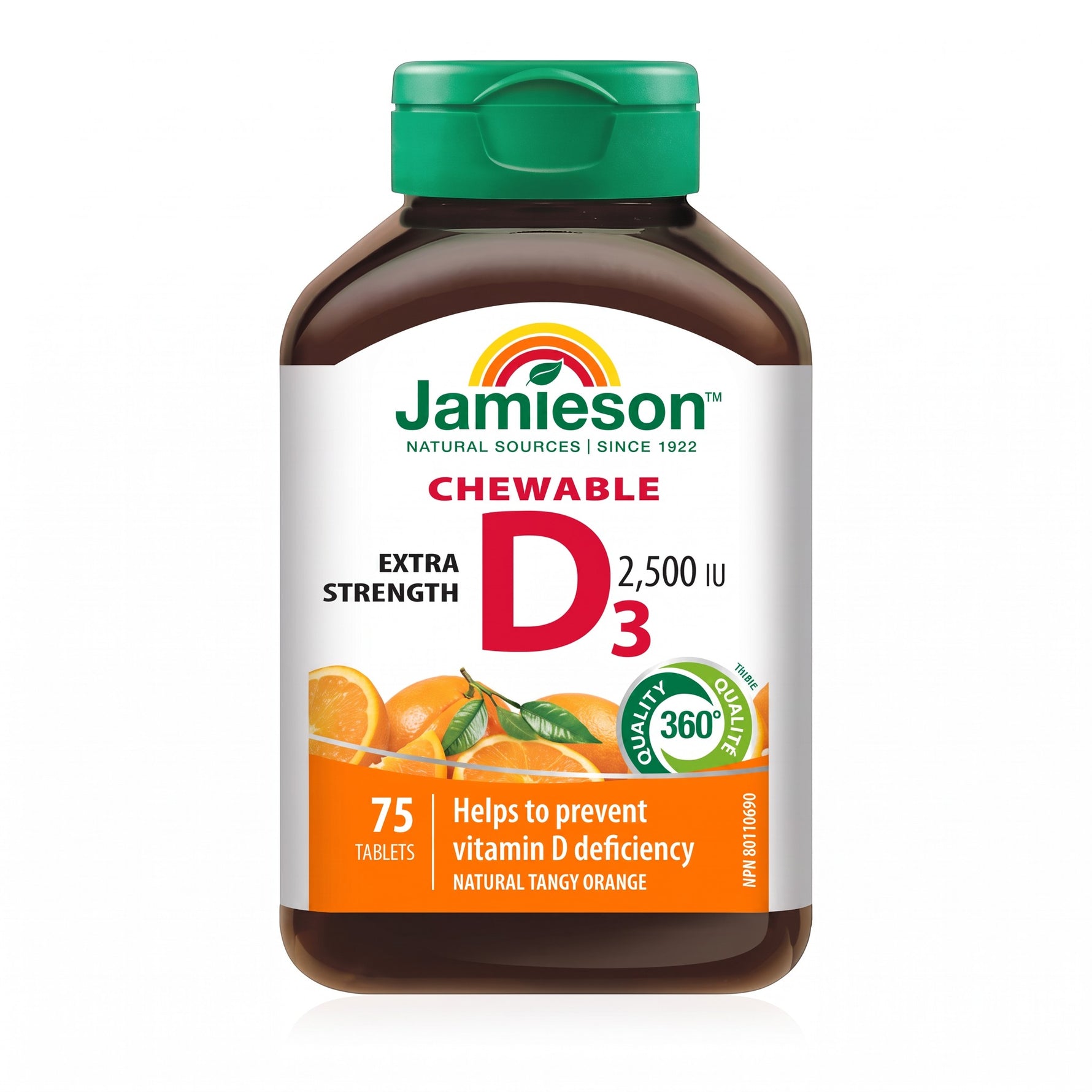 LYX Jamieson Vitamin D3 2500IU chewable tablets in a brown bottle with orange imagery for immune and bone health