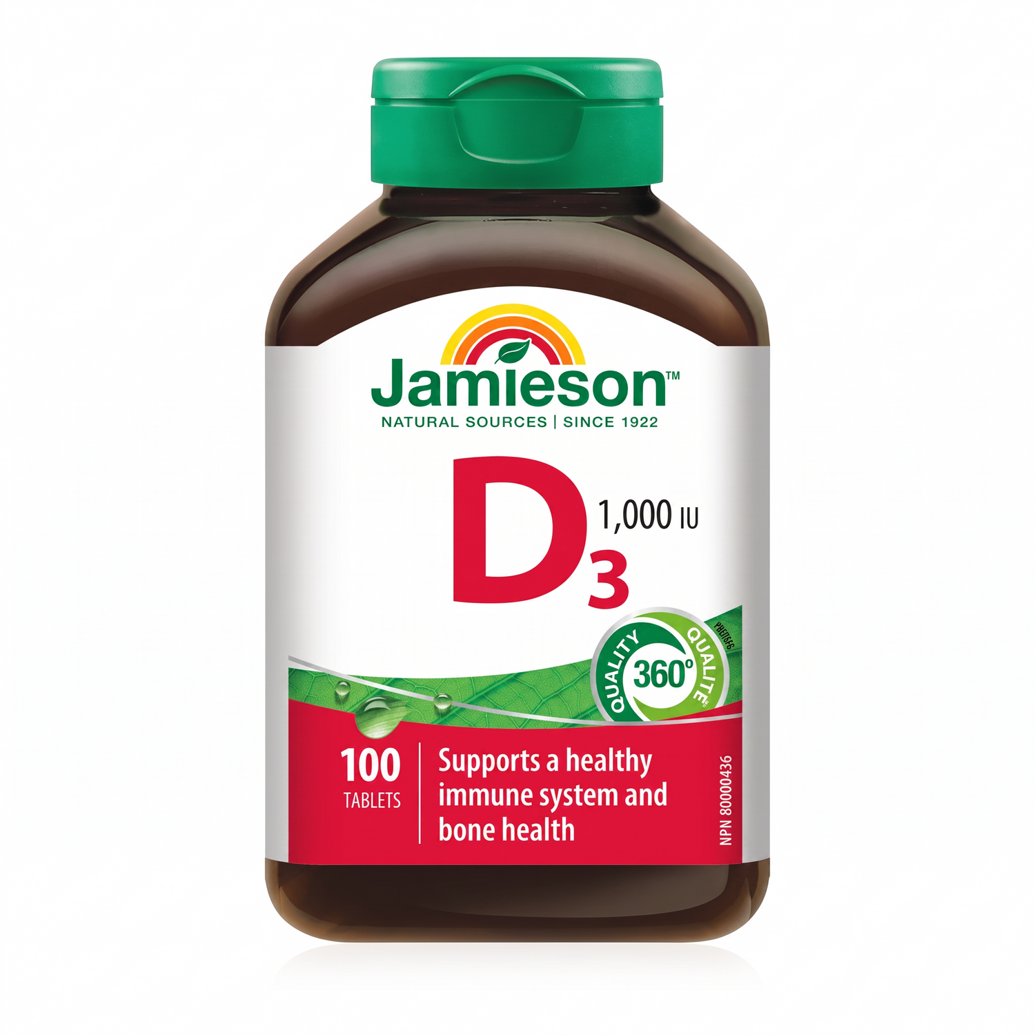 LYX Jamieson Vitamin D3 1000 IU supplement bottle with 100 tablets for immune and bone health support
