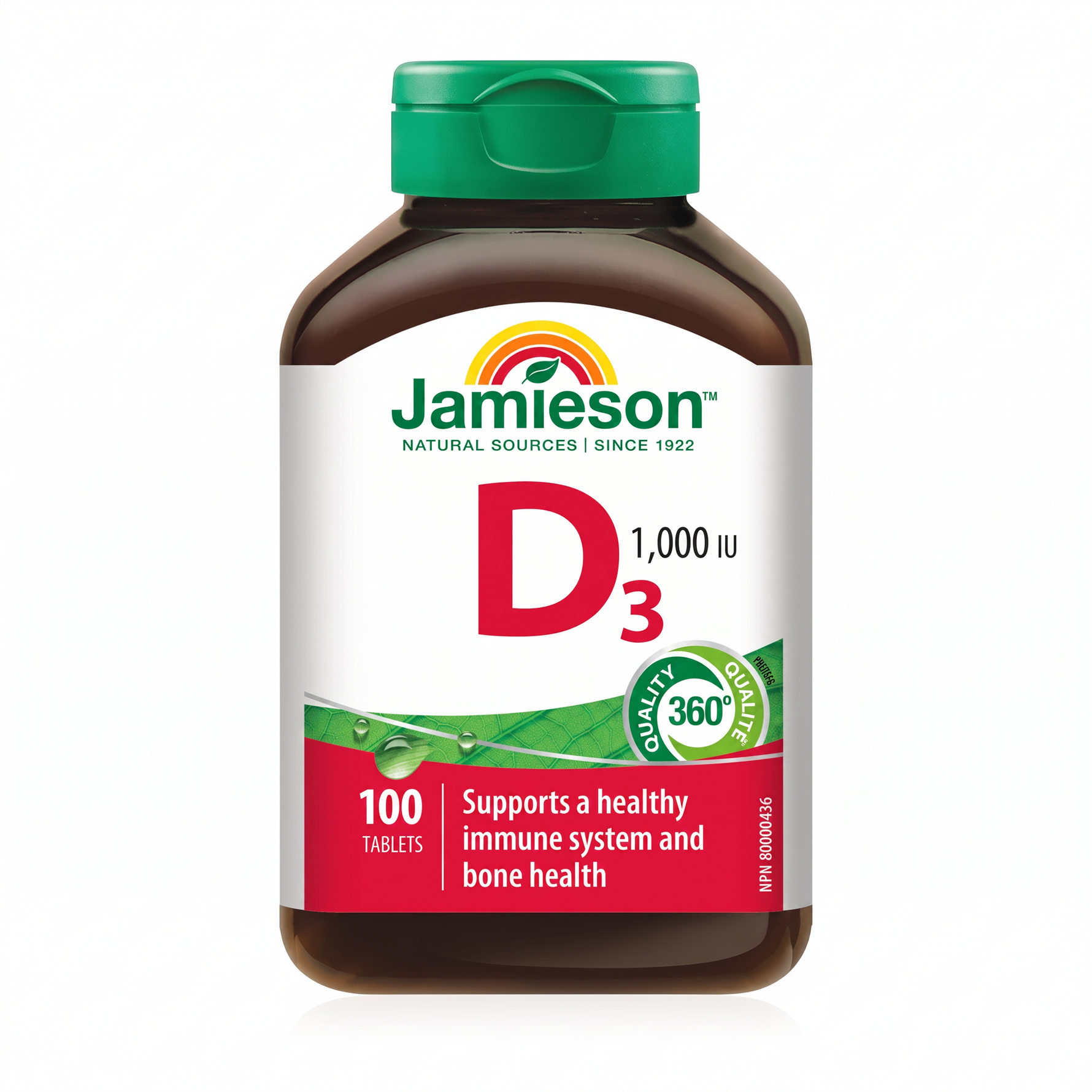 LYX Jamieson Vitamin D3 1000 IU supplement bottle with 100 tablets for immune and bone health support