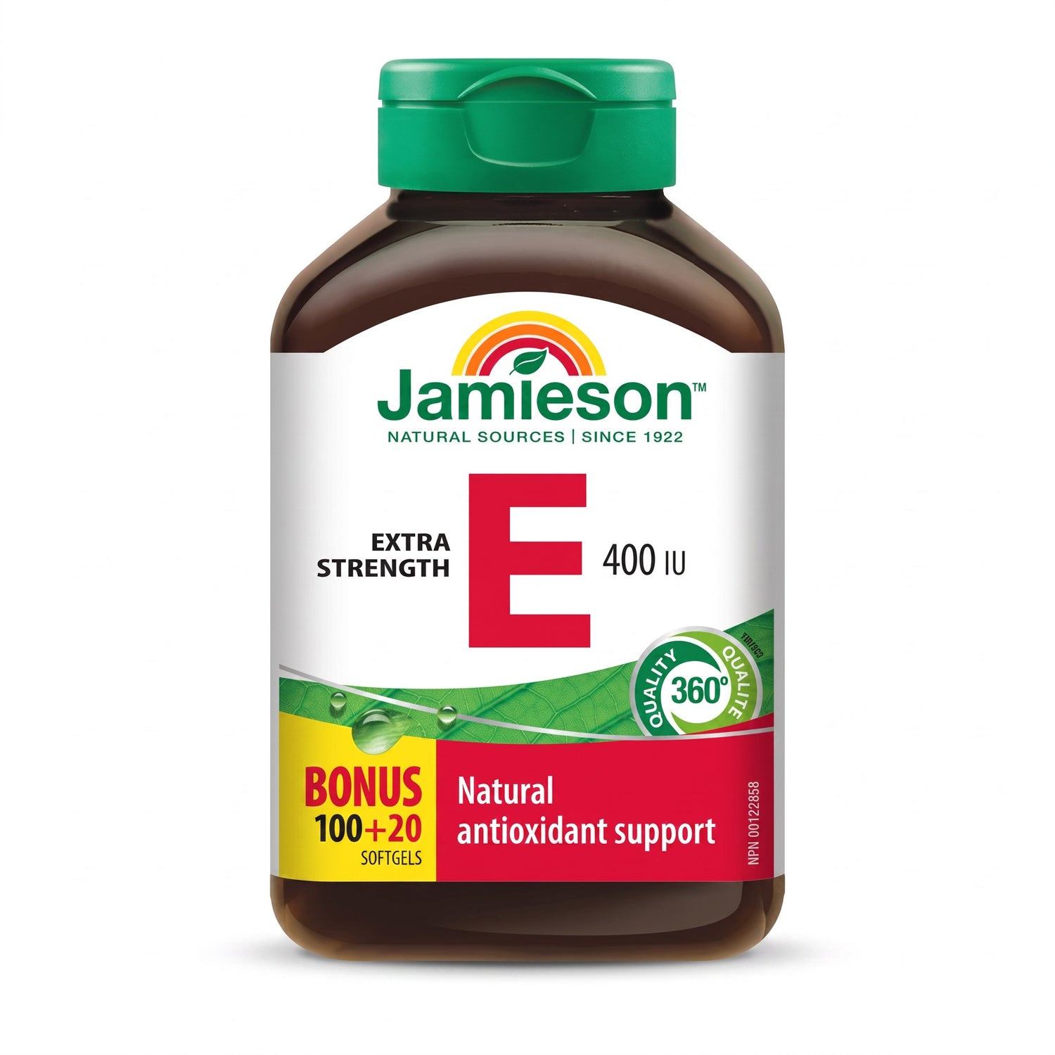 LYX Jamieson Vitamin E 400IU softgels bottle with green cap and antioxidant support label