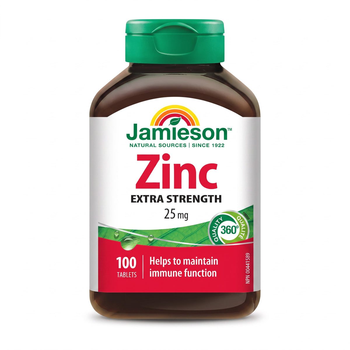 LYX Jamieson Zinc 25mg extra strength supplement tablets in a brown bottle with a green cap