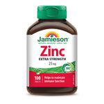 LYX Jamieson Zinc 25mg extra strength supplement tablets in a brown bottle with a green cap