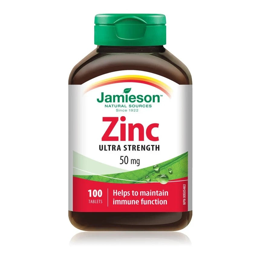 LYX Jamieson Zinc 50mg ultra strength tablets in a brown bottle with a green cap for immune support