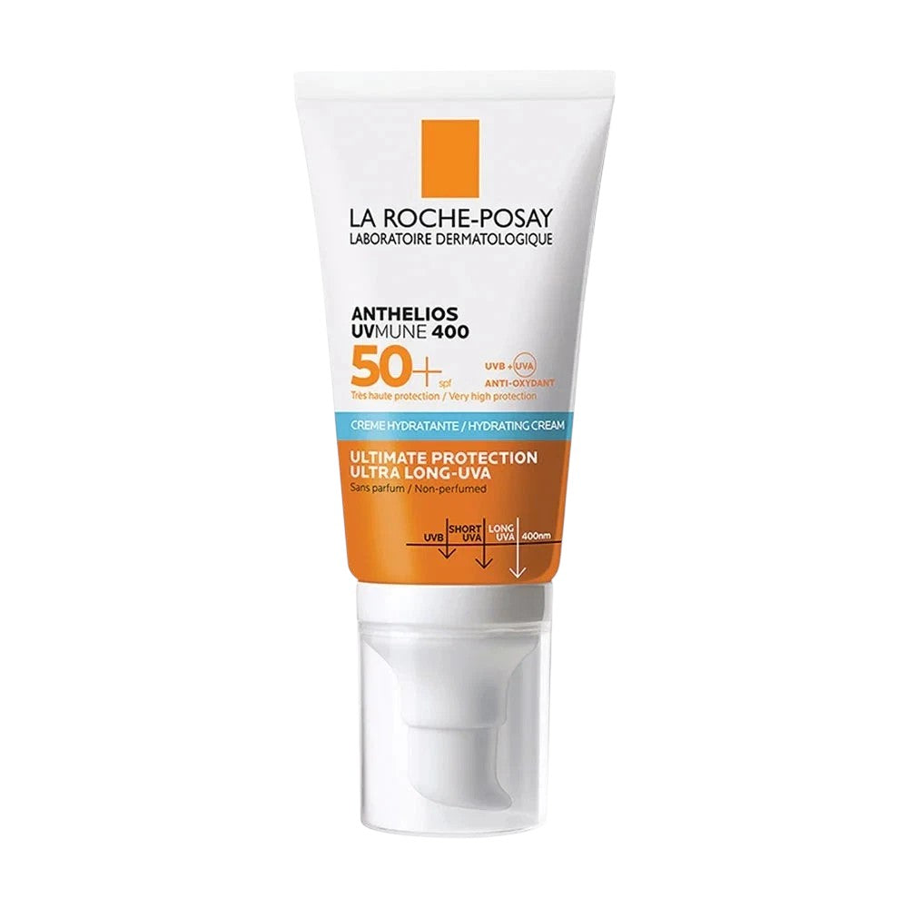 LYX La Roche-Posay Anthelios UVMUNE 400 SPF 50+ hydrating face sunscreen in a white and orange squeeze tube