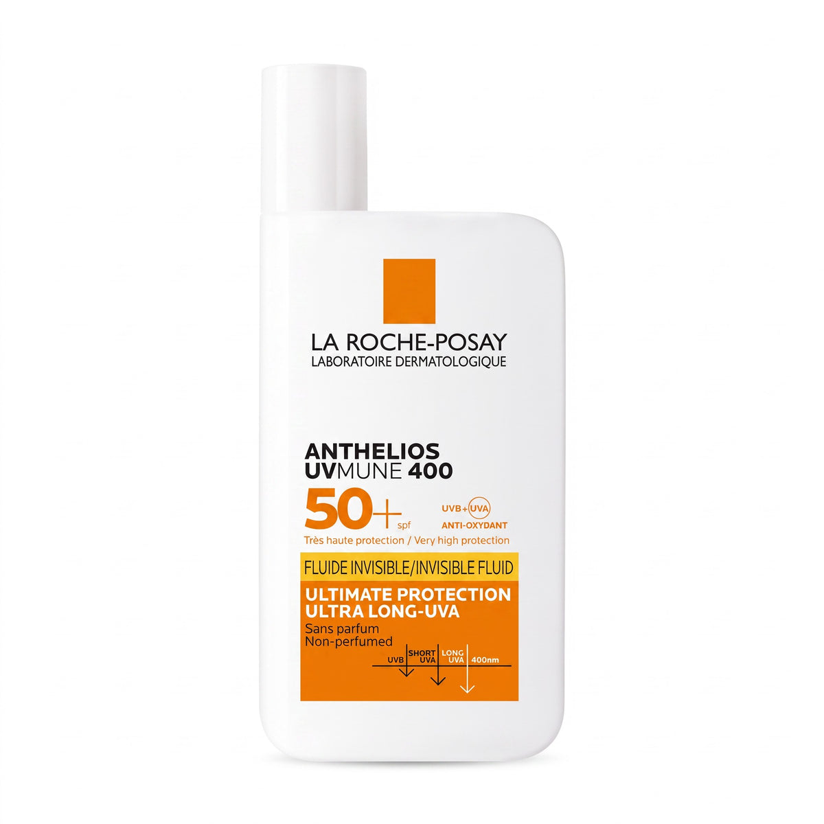 LYX La Roche-Posay Anthelios UVMune 400 SPF 50+ invisible fluid sunscreen bottle on a white background