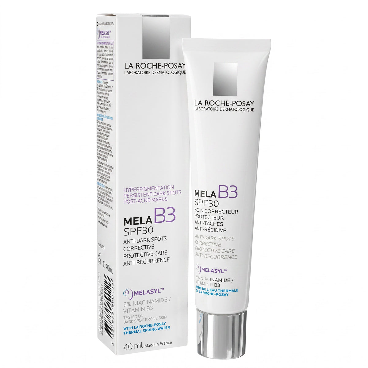 LYX La Roche-Posay Mela B3 SPF30 corrective cream in a white tube and box for dark spots and post-acne marks.