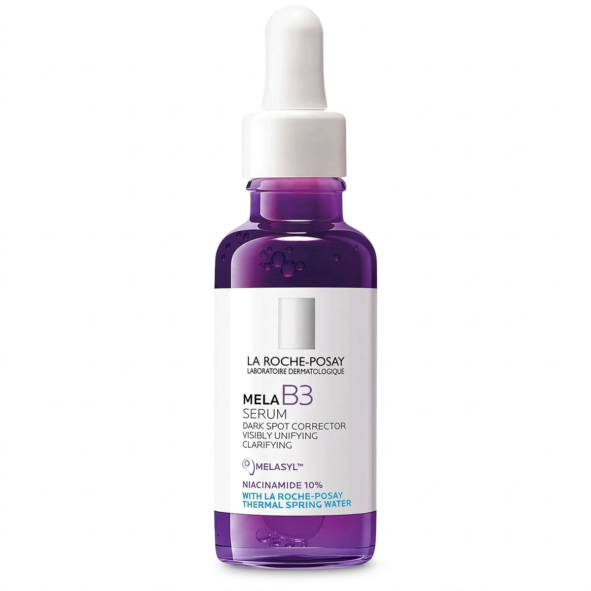 LYX La Roche-Posay Mela B3 dark spot correcting serum in a purple glass dropper bottle with white label