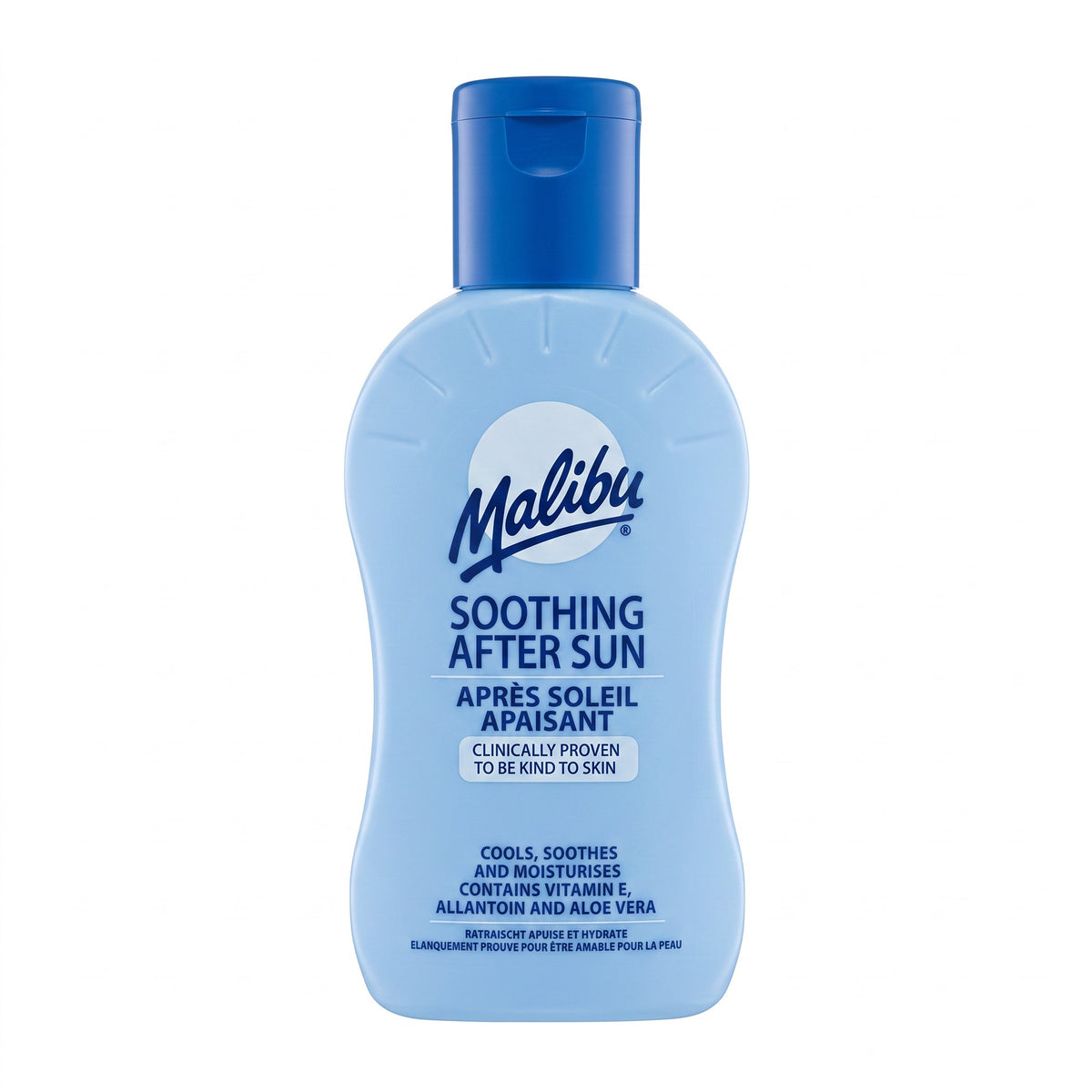 LYX Malibu soothing after sun lotion in a light blue 100ml bottle with vitamin E, allantoin, and aloe vera.