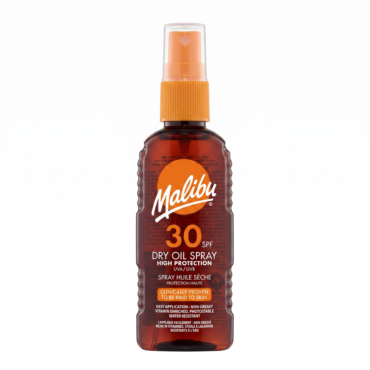 LYX Malibu SPF 30 dry oil spray bottle for high sun protection in a 200ml brown plastic container