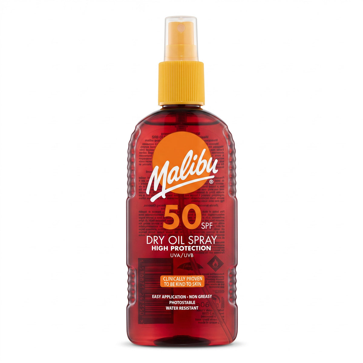LYX Malibu SPF 50 dry oil spray bottle for high UVA and UVB sun protection in a 200ml transparent red container.