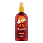 LYX Malibu SPF 50 dry oil spray bottle for high UVA and UVB sun protection in a 200ml transparent red container.