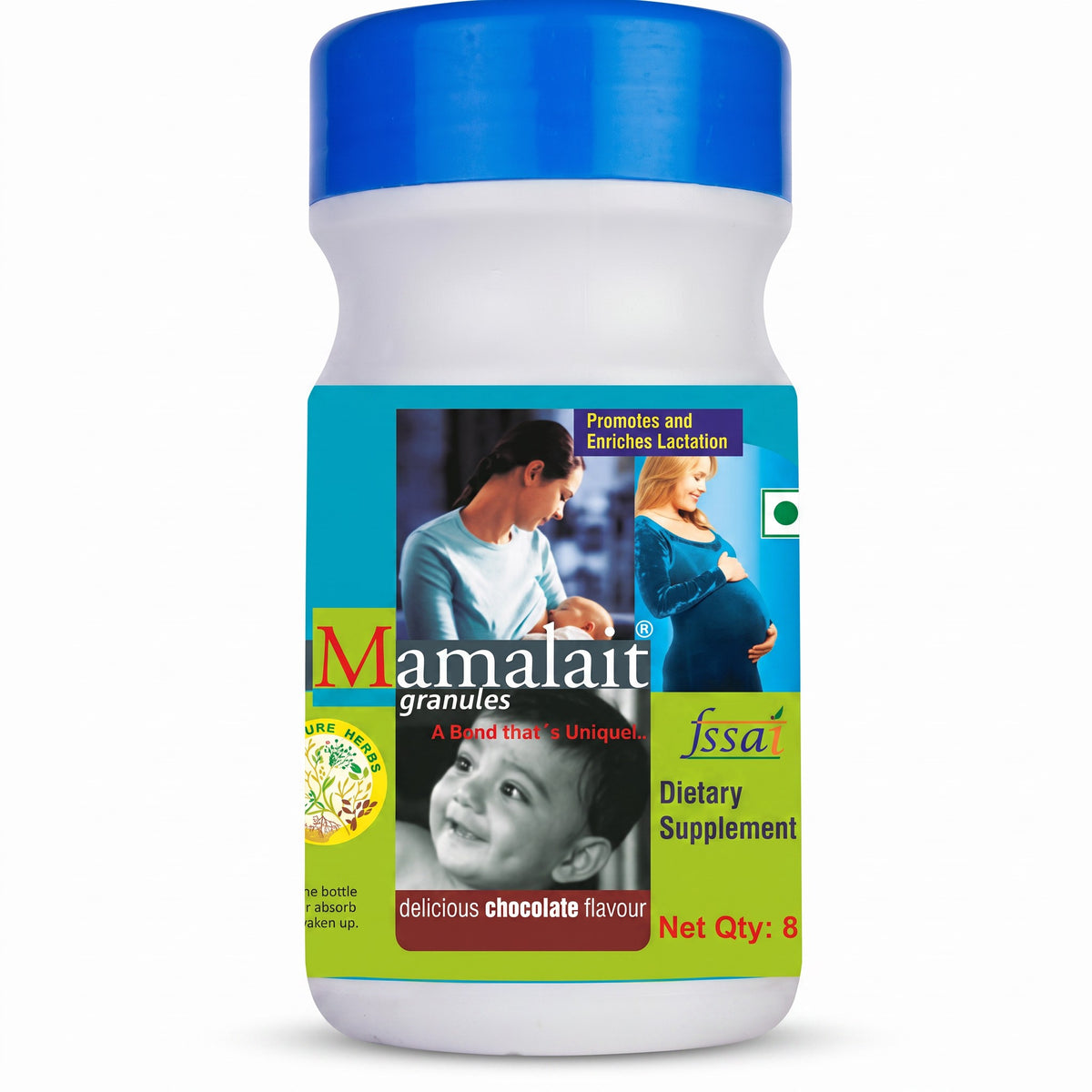 LYX Mamalait chocolate flavoured lactation granules in a 250g plastic bottle with a blue cap.